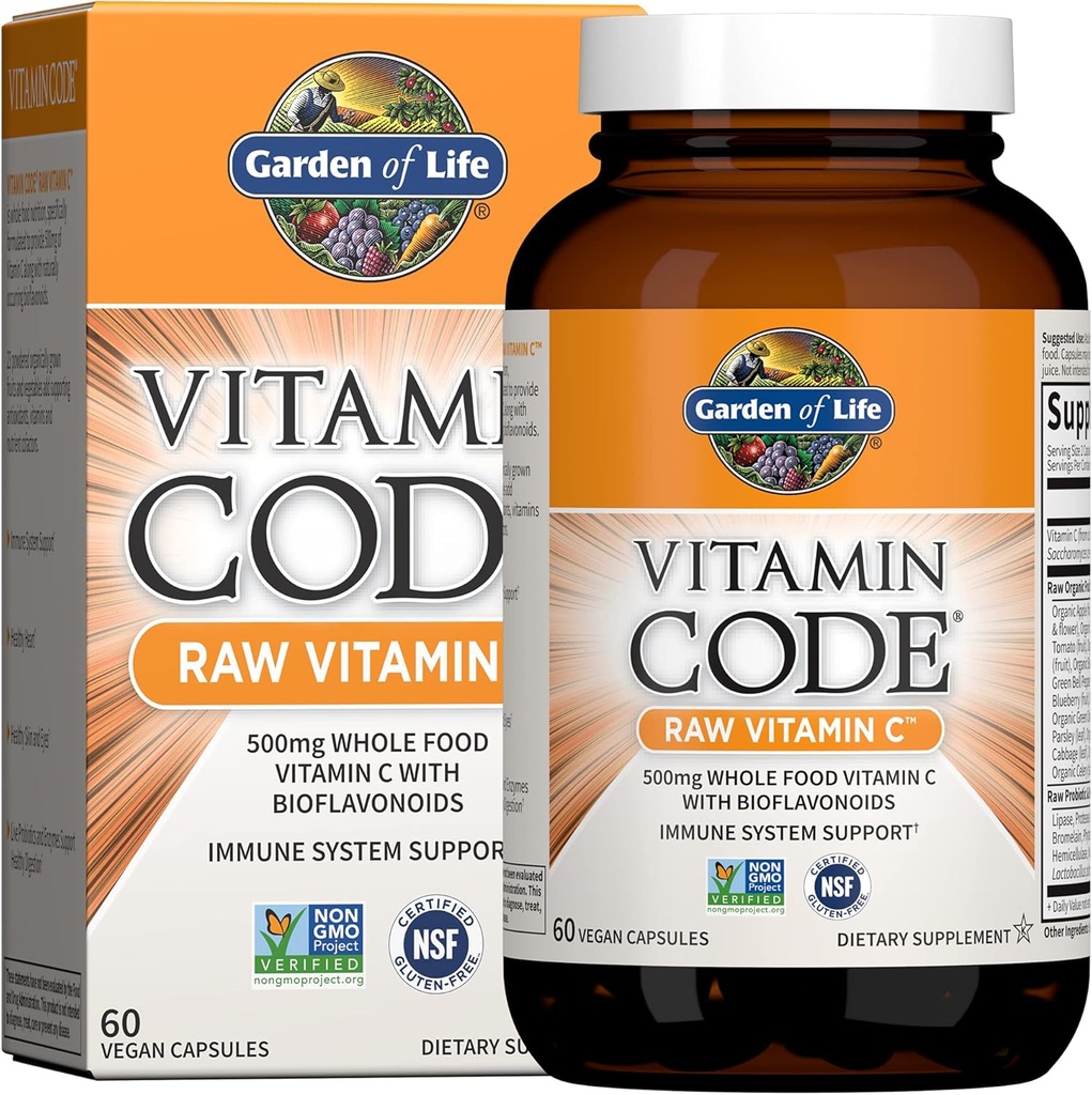 Gradina de viata Cod Vitamina cruda Vitamina C - 60 capsule, 500 mg intreg alimente Vitamina C capsule + fructe si legume Blend & Probiotice, Suplimente pentru adulți, Vegan, Gluten gratuit