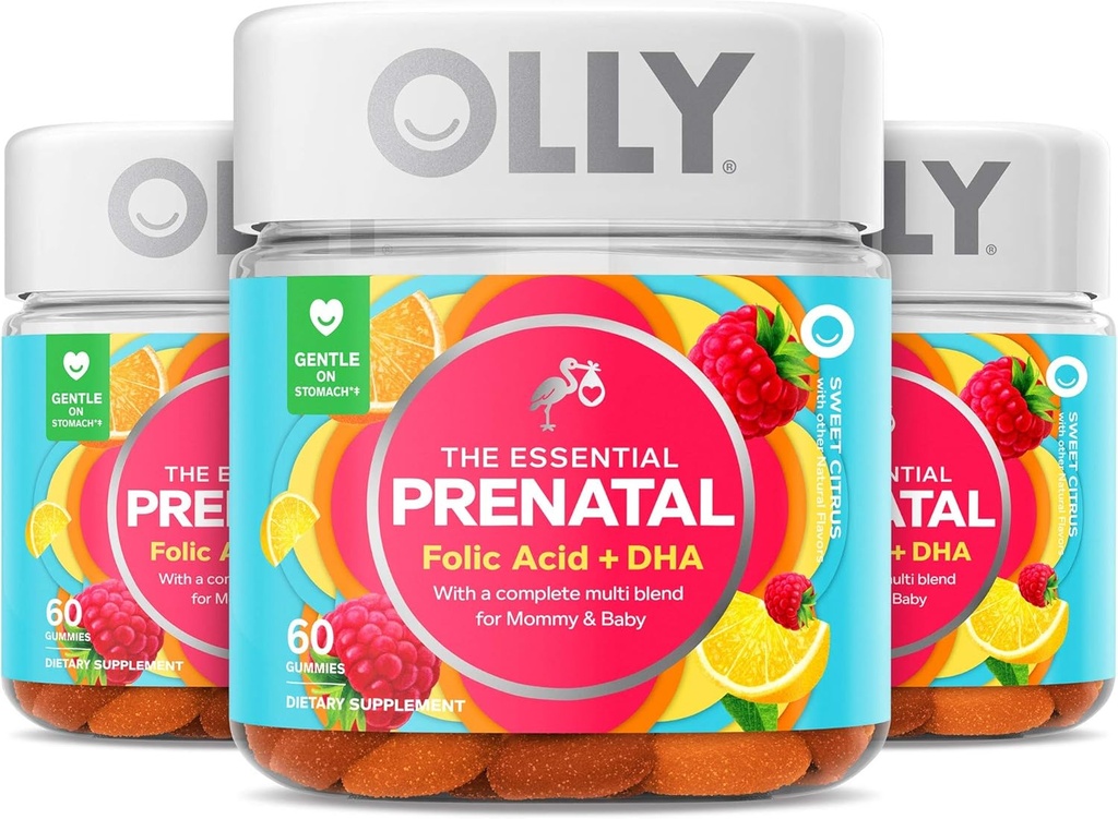 Olly Prenatal Multivitamin Gummy, Folsyre, vitamin D, Omega DHA, Chewable Supplement, 60 Gummies Citrus 3 Count