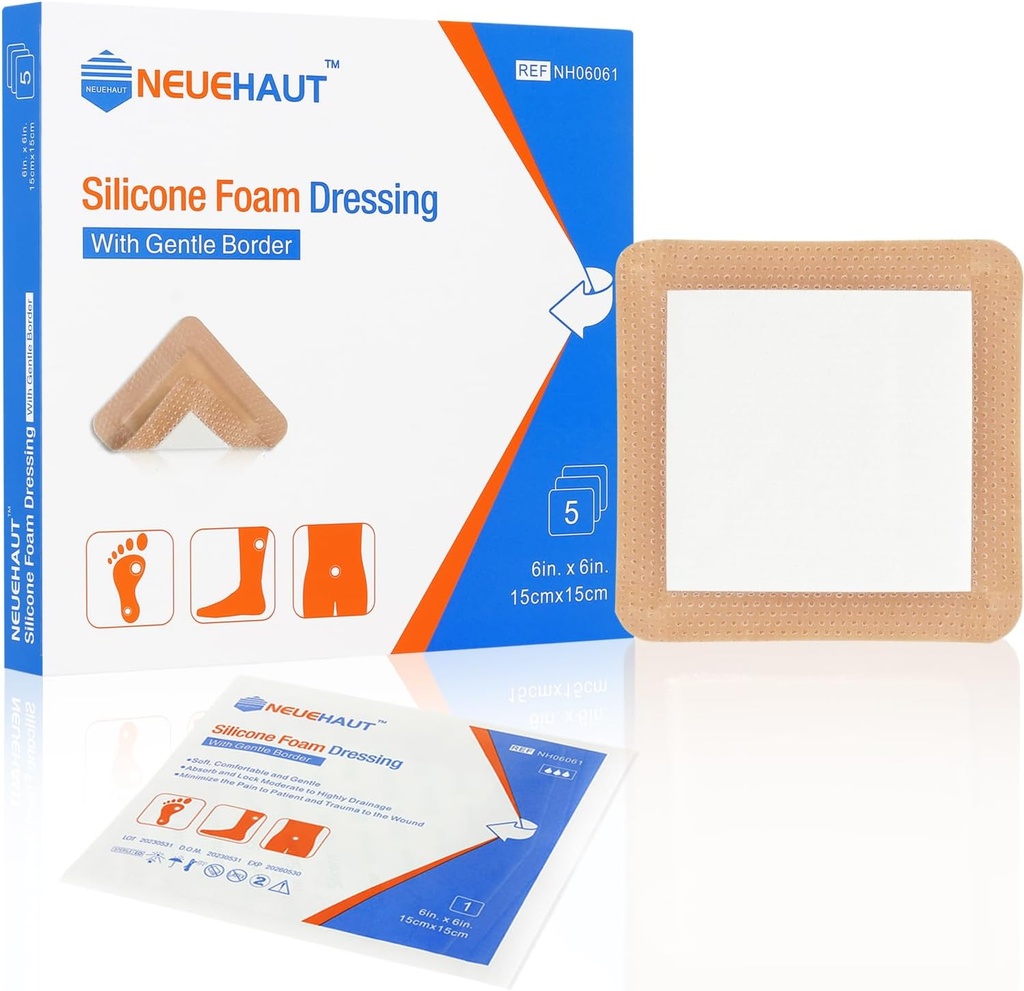 Silikon Foam Dressing mit gentle Adhesive Border 6''x6'', Bed Sore Druck Ulcer Leg Ulcer Silikon Wound Bandage, Hohe Absorption wasserdicht, 5 Pack von NeueHaut