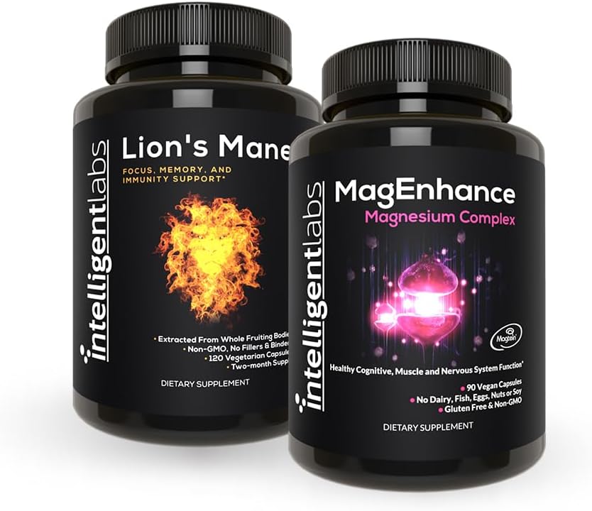 Intelligente labs 2-in-1 bundel van MagEnhance Magnesium Supplement (High Absorptie Magnesium Glycinate, Threonate, en Taurate) en Lion