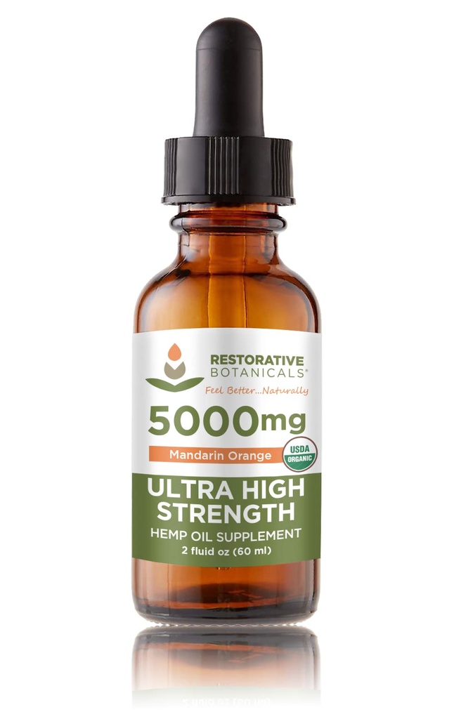 Ultra High Strength Hemp Oil Drops 5000mg Mandarin Orange Flavor (2 oz - 120 Servings) USDA Certified Organic, Calming Relief Supplement