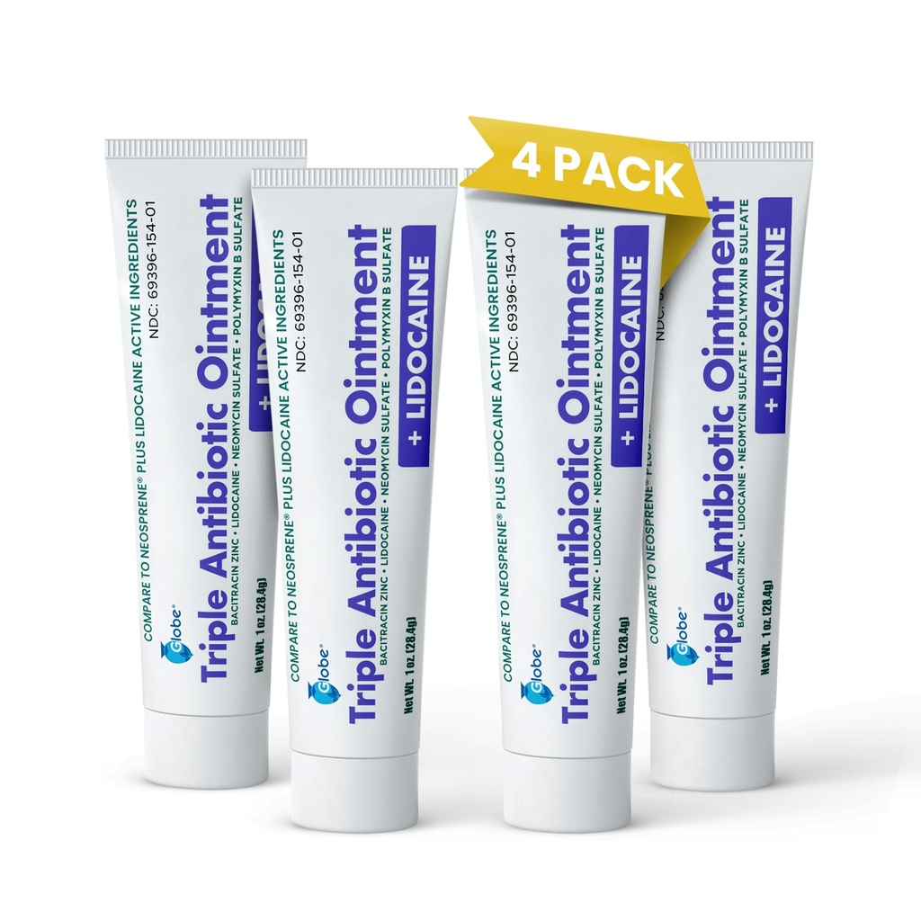 Globe (4-Pack) Lidocaine First Aid Antibiotic Ointment 1 Oz - Maximum Strength Pain Relief & Infection Protection - Numbs Skin Fast with Lidocaine - Emergency Use & Infection Protection