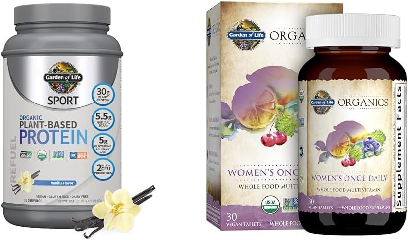 Garden of Life Organic Vegan Sport Protein Powder & Once Daily Women's Multi- Probiotics, BCAAs, Antioxidants, 30g Plant Protein, Vitaminas A C D3 K B6 B12, Non GMO