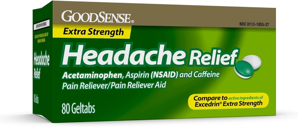 GoodSense Extra Power Head Relief Geltabs, Acetaminophen, Aspirin (NSAID) וקפאין, 80 Count