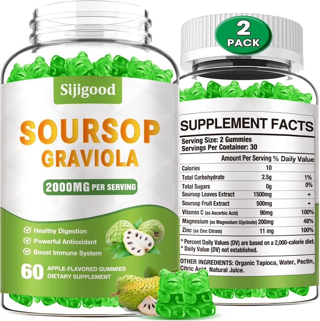 2 Pack Soursop Graviola Gummies - Organic Soursop leaves ' Fruit Extract - Digestive Aid, Immune Support " Antioxidant Properties - 120 Apple Flavored Gummies