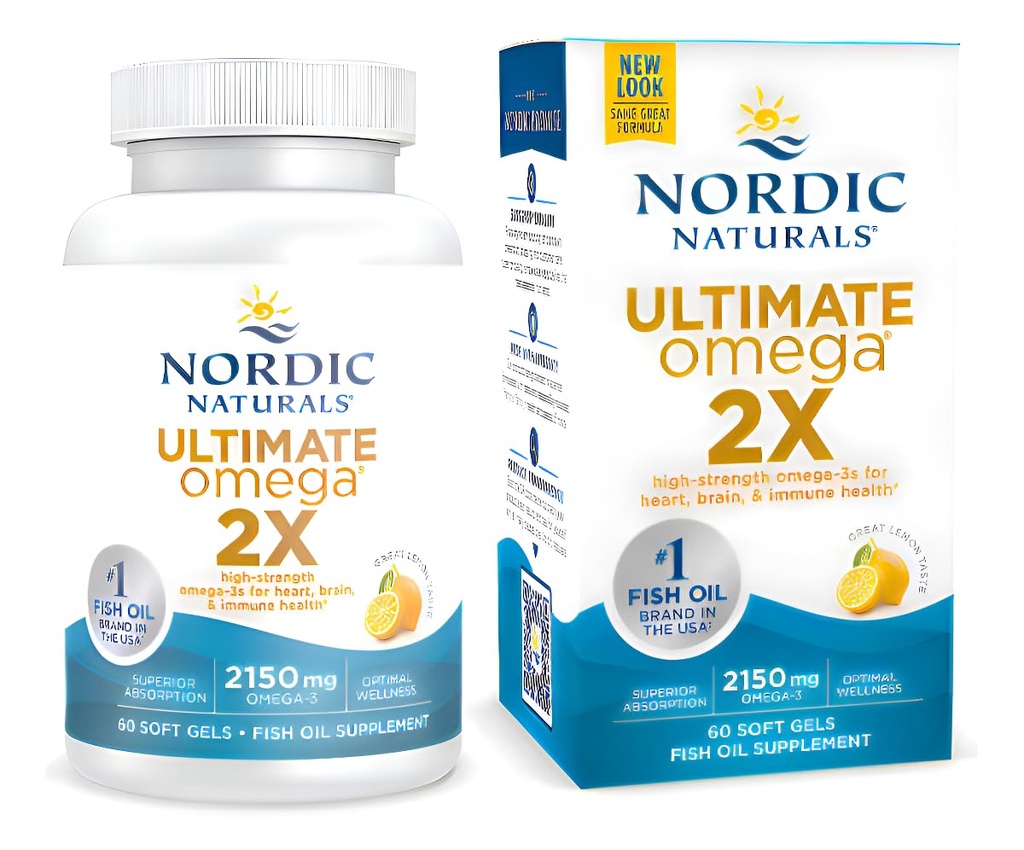 Nordic Naturals Ultimate Omega 2X, Lemon Flavor - 60 Soft Gels - 2150 mg Omega-3 - High-Potency Fish Oil with EPA & DHA - Promotes Brain & Heart Health - Non-GMO - 30 Servings