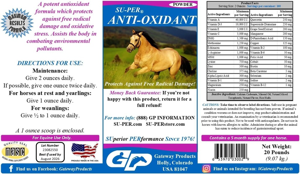 SU-PER Anti- Oxidant dodatek pro koně - Equine Vitamins & Essential Antioxidant Support - Bojuje proti ekologickým znečišťovačům a oxidativním stresům - 20 liber, 5 měsíců dodávky
