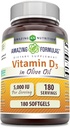 Fórmulas surpreendentes Vitamina D3 com óleo de oliva 5000 UI Softgels Supplement □ Non-GMO □ Gluten Free □ Made in USA (180 Count)