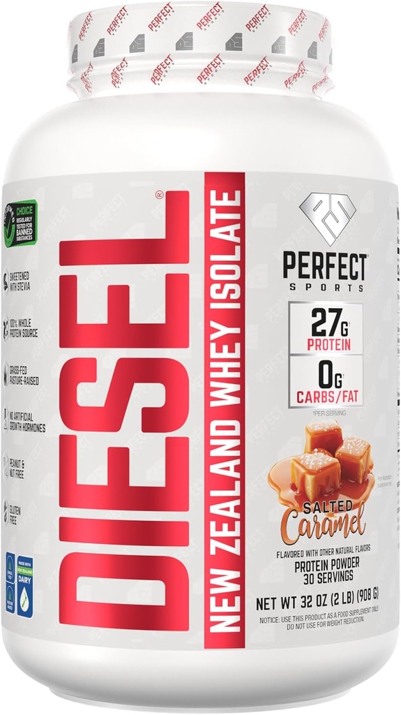 PERFECT SPORTS Diesel 100% New Zealand Whey Protein Isolate | Stevia addolcito, senza ingredienti artificiali, Keto | 0g Carb, 0g Grasso, 27g Protein | 2 Pounds ( Caramel salato)