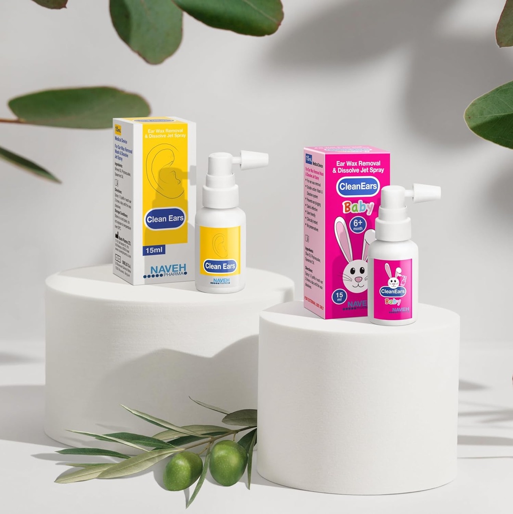 "NAVEH PHARMA CleanEars" ausų vaško šalinimo purkštuvas 0,5 Fl Oz + "NAVEH PHARMA" servetėlės kūdikių ausų pašalinimo purkštuvas 0,5 Fl Oz