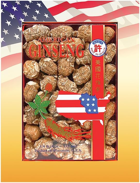 Hsu 's SKU 0168- S4 Amerika Ginseng Pearl Roots Kecil 4 oz Box - Premium 100% Wisconsin Dikuliti Whole Ginseng Roots