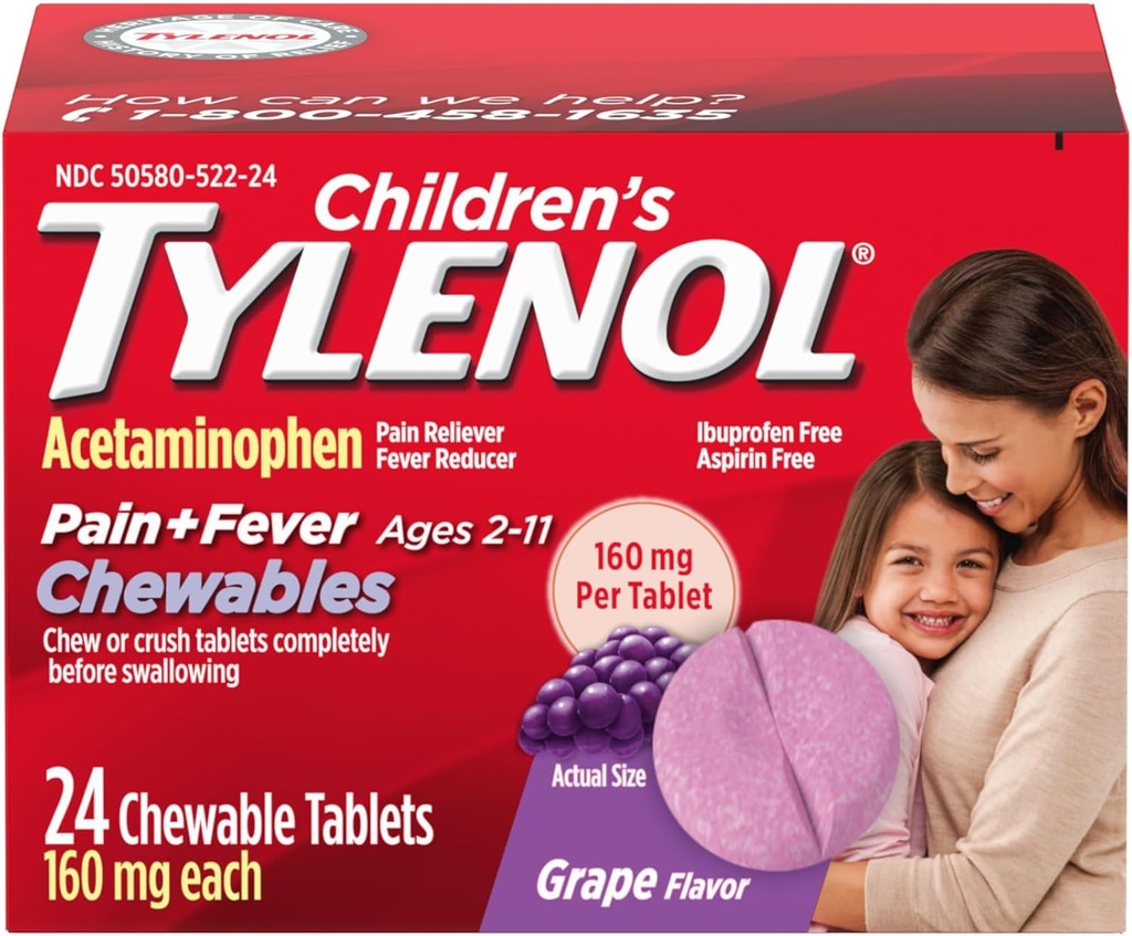 Детски Tylenol Chewables със 160 mg ацетаминофен, болка Reliever & Fever Fever Reduce for Kids' Cold + Flu Симптоми, главоболие, възпалено гърло и зъбобол, аспирин- свободен, Grapse Flavor, 24 ct