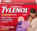 Masticabili per bambini Tylenol con acetaminofene da 160 mg, Riduttore di dolore e febbre per i sintomi di freddo + fluido per bambini, mal di testa, mal di gola & Toothache, senza aspirina, aroma di uva, 24 ct