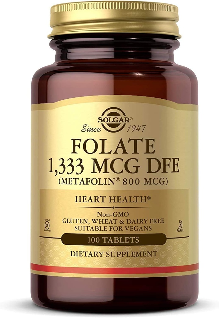 Solgar Folate 1.333 mcg DFE, 100 bảng đá - 800 mcg sinh học Metafolin - Trung tâm chăm sóc tim - Không-GMO, Vegan, Gluten Free, Dairy Free, Kosher - 100 phục vụ