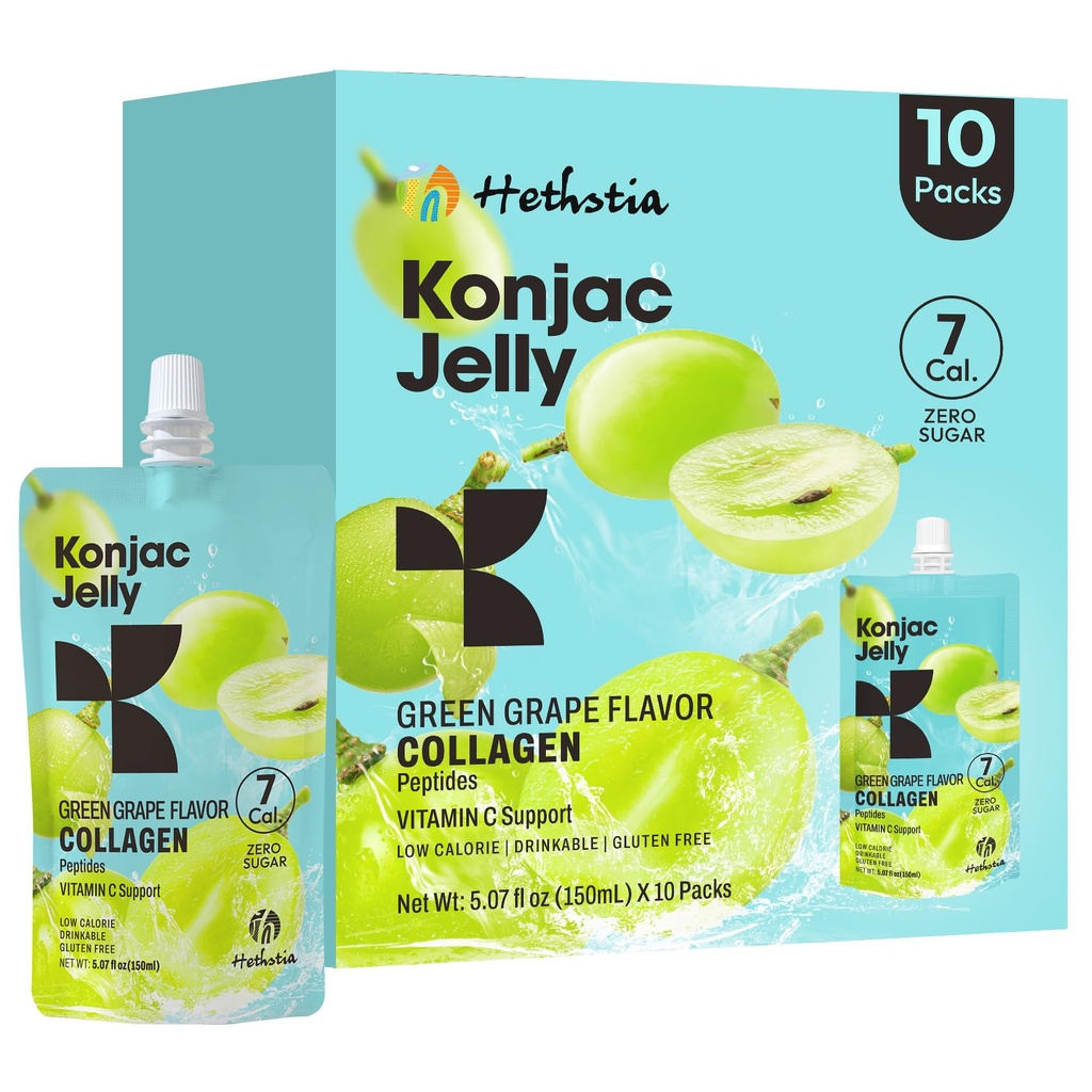 Hethstia Konjac Jelly Green Grape Flavor, 10 Pouches, Drinkable Grape Jelly with Collagen Peptides, 7 Kcal, Sugar Free, Gluten Free, Keto, Vegan, On-the-Go Chewy Light Snacks