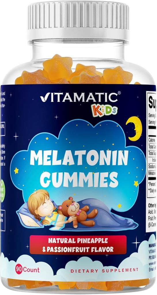 Vitamatic 설탕 자유로운 아이 Melatonin 1mg, 90의 Gummies, 파인애플 & passionfruit는 Gummies, 90 일 공급을 맛을 냈습니다