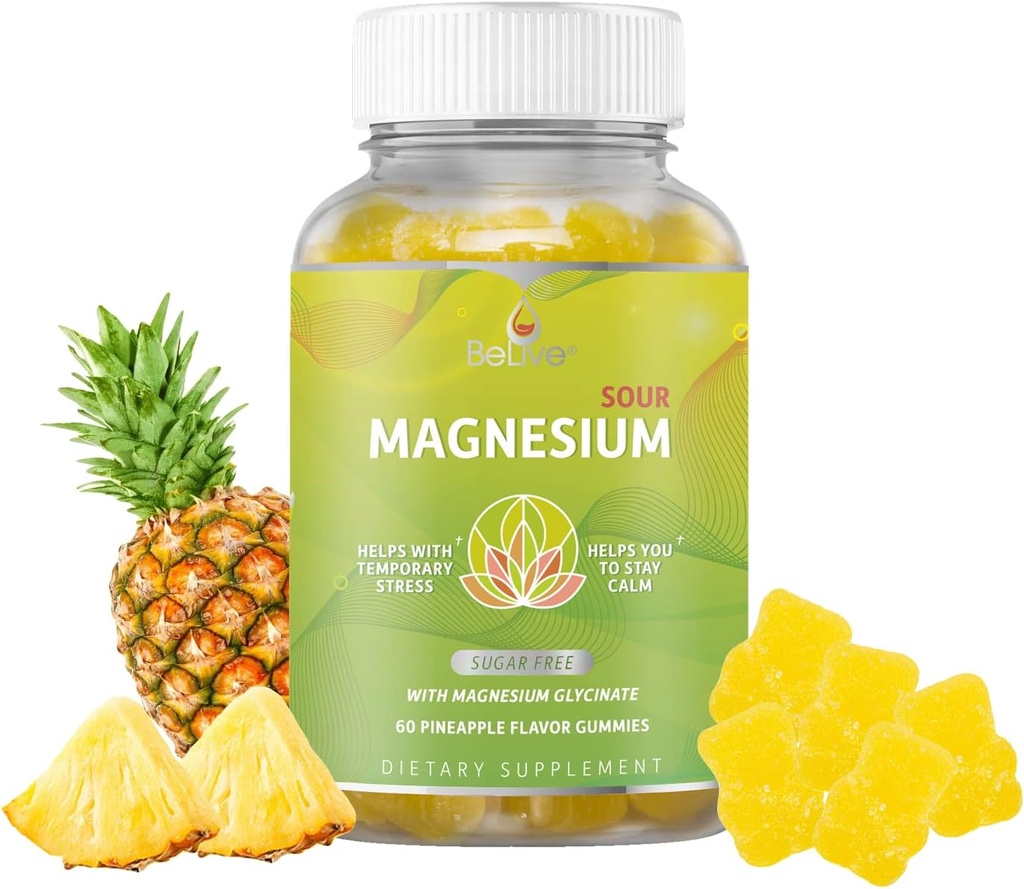 BeLive Magnesium Gummies 200mg - 60 Ct  - Magnesium Glycinate supplements for chillation, Stress Relief, and sleep for Adults ' Kids - Tasty and Tangy Pineapple Flavor