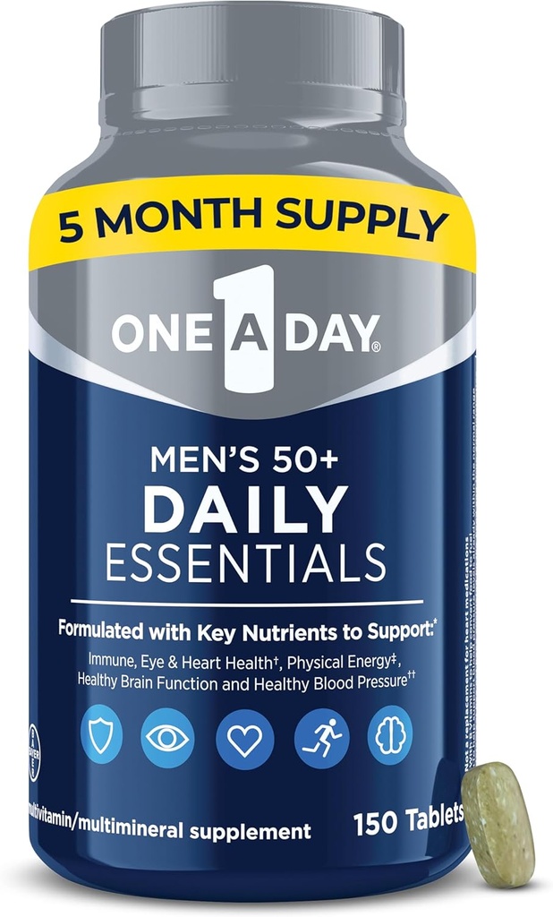 En dag Mens Multivitamin 50+ Daglige essenser | Multivitamin for menn 50 Plus støtter immun helse, sunn hjernefunksjon og fysisk energi | Vitaminer for menn med vitamin C & sink, 150 greve