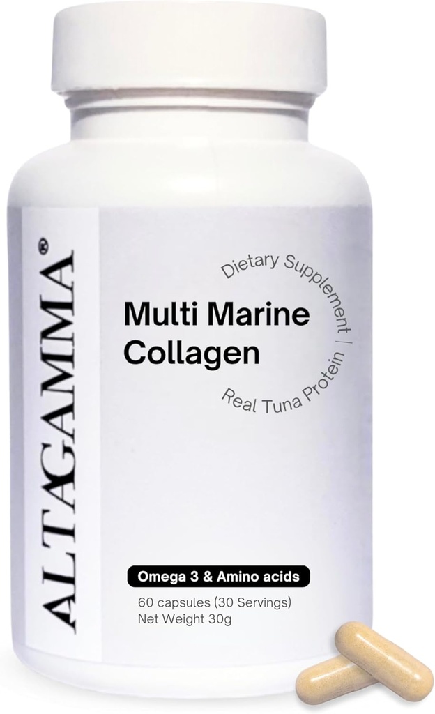 Peptidi di collagene marino - Collagene marino per le donne e gli uomini - Peptidi multi collagene – Capelli, Pelle, Unghie e Giunti – Proteine multi collagene & Vitamine - Peptidi di collagene organici, 60 capsule di collagene