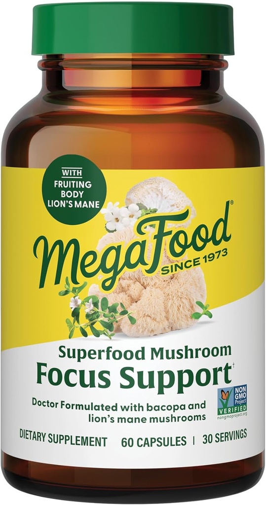 MegaFood Superfood Mushroom Focus Support - Doctor Formulert Lions Mane Supplement Kapsler - Lions Mane Mushroom Supplement med klinisk studert Bacopa - Vegan - 60 Kapsler, 30 Serveringer
