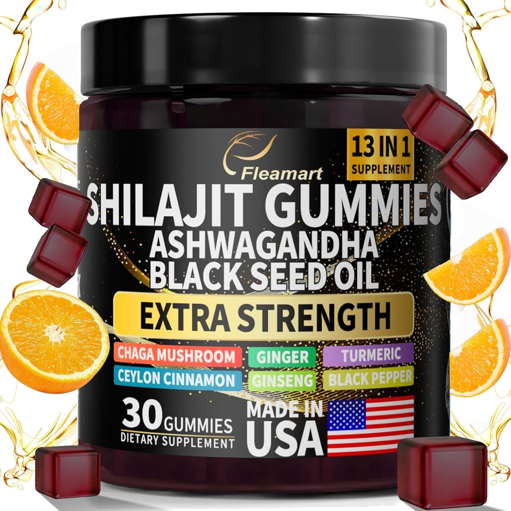 Shilajit Gummies, Shilajit Pure Himalayan Gummies with Ashwagandha, Black Seed Oil, Sugar Free Shilajit Gummies for Men & Women, 30 Count, Orange Flavor