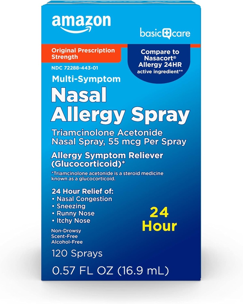   Basic Care 24 Hour Allergy Nasal Spray, Triamcinolone Acetonide 55 mcg per spray, Allergy Medicine, Non-Drowsy, 0.57 fl oz (Pack of 1)