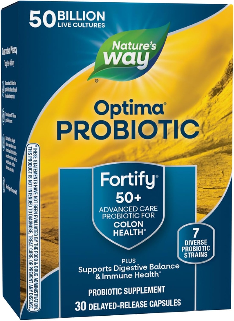 Nature's Way Fortify Optima Probiotic for Adults 50+, 50 Miljard Live Cultures, Supports Digestief Evenwicht, Colon & Immune Health*, Geen Koeling nodig, 30 Capsules (Verpakking mei Vary)