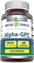 สูตรที่น่าตื่นตาตื่นใจ Alpha GPC Supplement | 600 Mg Proughing | 120 Capsults | Not-GMO | Gluten Free | ผลิตในสหรัฐอเมริกา