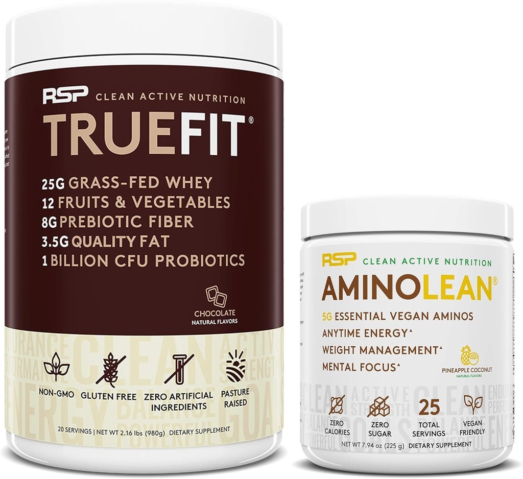 RSP NUTRITION Vegan AminoLean pré-treino Energia (Pineapple Coconut 25 Servings) com TrueFit Protein Powder (Chocolate 2 LB)