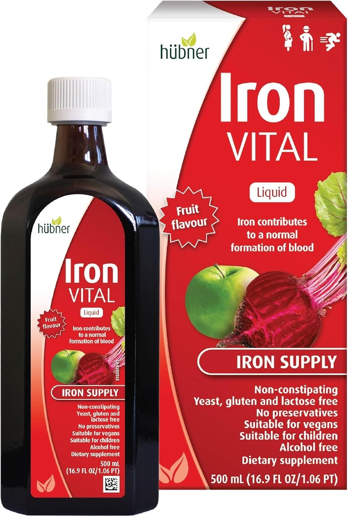 Hübner Hubner Iron Vital Liquid Iron Supply Plus Вітамін С, Дієтичні добавки для дорослих і дітей, Vegan і Gluten-Free, Fruit Flavor, 500 мл пляшки, 50 Сервінги