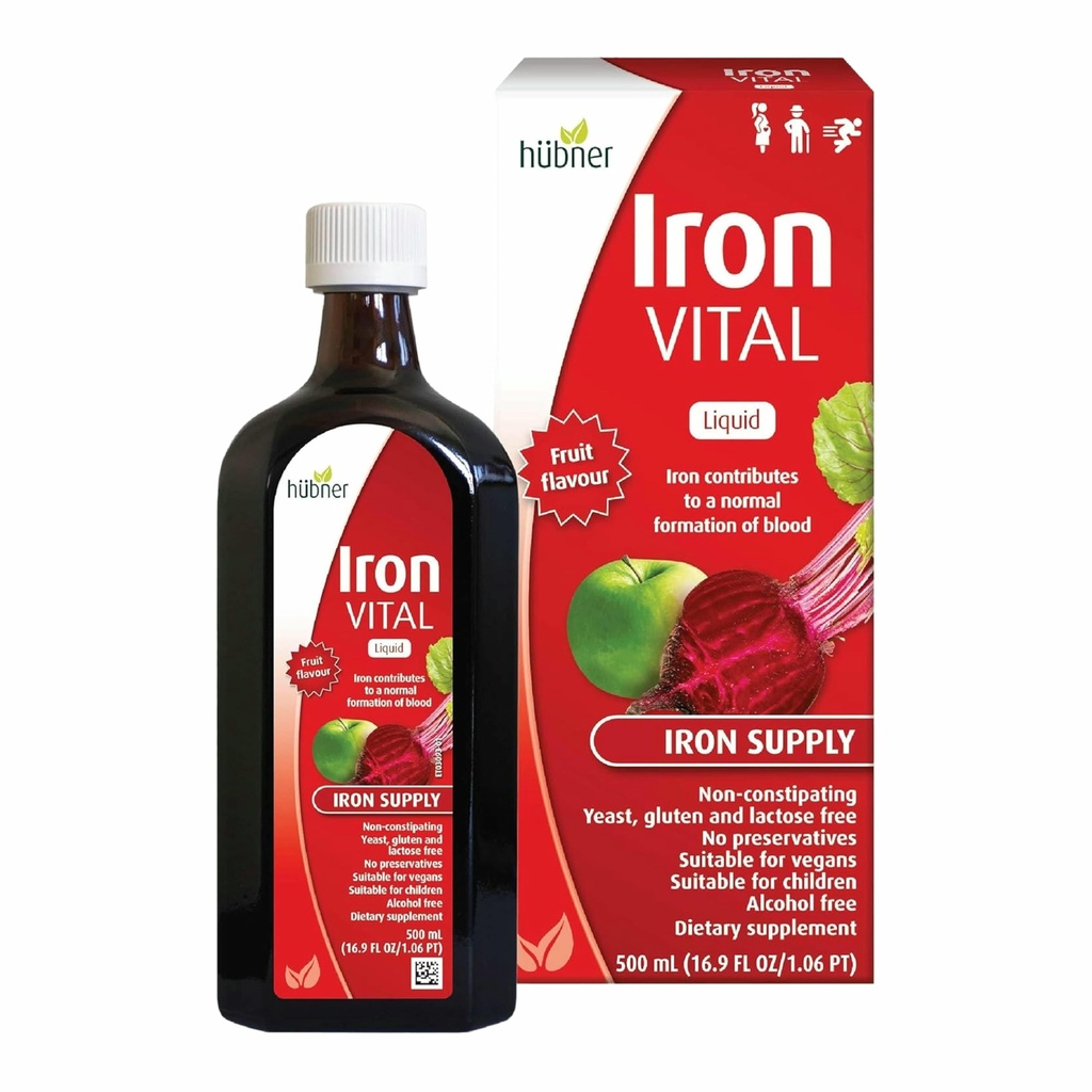 Hubner Iron Vital Liquid Iron Supply Plus Vitamin C, Vegan, 500 ml | Daily dietary supplement for adults and kids. Kosher, non-GMO and gluten-free fruit blend. 50 servings per bottle