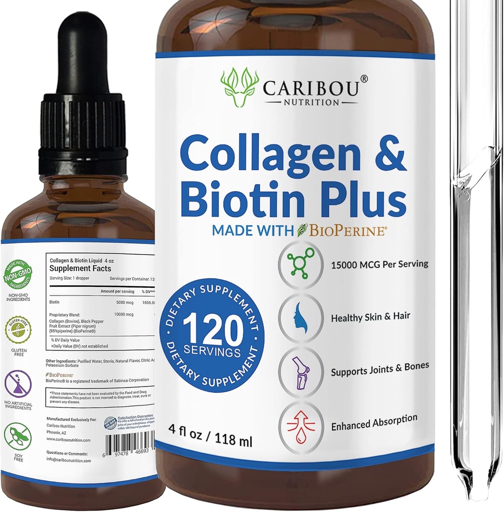 Colágeno Líquido e Biotina Líquida Com BioPerine Para Absorção Melhorada - 10000mcg Colágeno Líquido & 5000mcg Biotina Líquido - Colágeno Líquido Para Mulheres - 4 Mês Fornecimento de Biotina e Suplementos de Colágeno