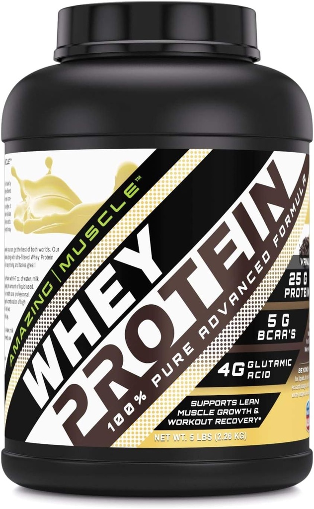 Amazing Muscle Whey Protein Isolate & Concentration Powder Building 124; Vanilla Flavor 124; 25 G Protein per Serving Building 124; 70 Służenie 124; Non-GMO Building 124; Gluten- Free Building 124; Made in USA