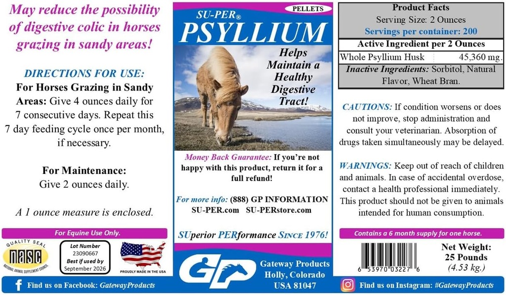 SU-PER Pyllium Pelles Equine 补编 - 在马身上保持健康的消化性切片 - 支持从肠道切片中去除沙尘和泥沙 - 25英镑,6个月供应