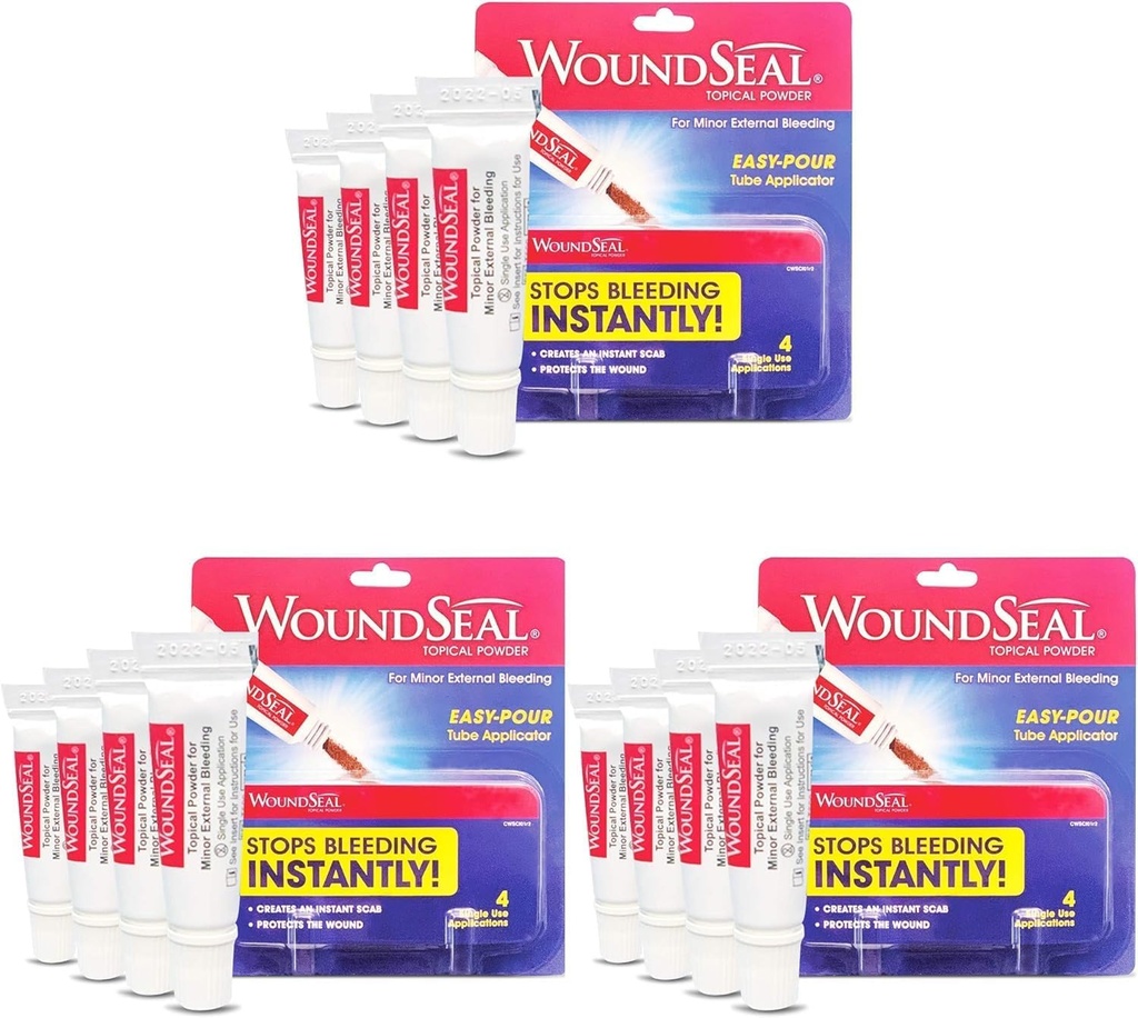 WoundSeal Powder 4 Each (Pack of 3) - Wound Care First Aid for Cuts, Scrapes and Abrasions - Stops Bleeding in Seconds Without Stitches or Bandages - Safe and Effective for People of All Ages and Pets