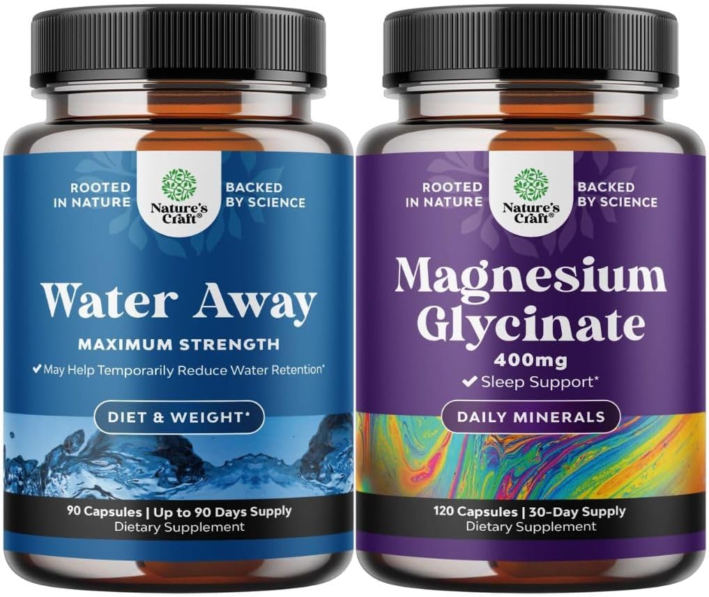 Bundle of Water Away Pills Massima resistenza - Pillole diuretiche di erbe per la conservazione dell'acqua per l'azione rapida Bloating Relief e Pure Magnesium Glycina 400mg Per il servizio per il sonno dell'umore e relax