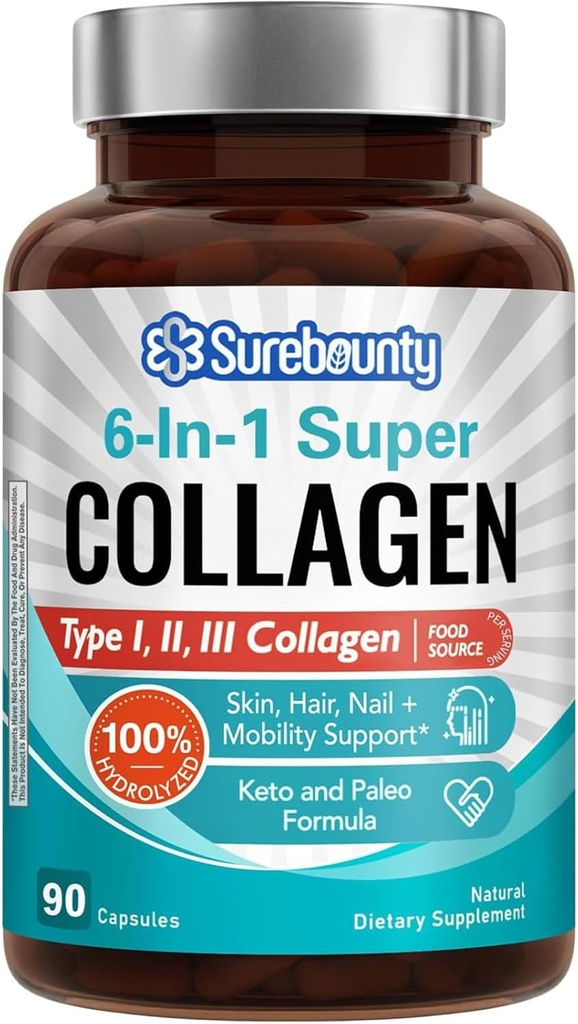 Multi Collagen Complex, I, II, III, 6- in1 Super Collagen C-vitaminnal, hialuronsav, biotin, kurkuma, fekete bors, keto, 90 kapszula