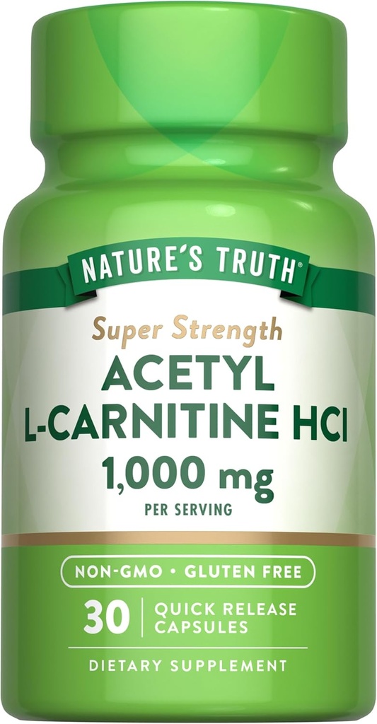 Naturens sannhet Acetyl L-karnitin 1000mg | 30 kapsler | Super Styrke | Ikke-GMO & Glutenfri Alcar Tillegg