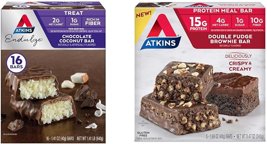 Atkins Šokoladas Kokoso Baras 16 Count, Dvivietis Fudge Brownie baltymų miltų baras 5 Count Bandl