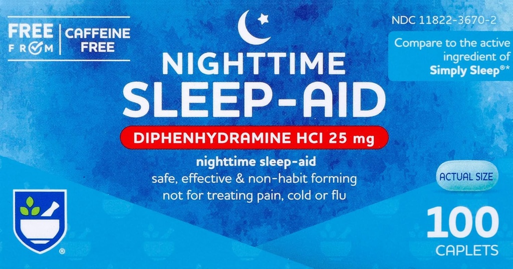 Rite Aid Nighttime Sleep Aid Diphenhydramine HCI 25 mg, 100 Mini Caplets | Non-Habit Forming Sleep Supplement | Best Sleep Aid for Insomnia | Insomnia Relief and Anxiety Relief Items Natural Sleep Aid