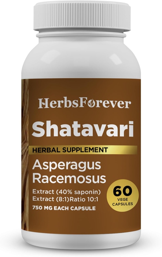 Herbsforever Shatavari Capsule Premium Sparanghel Racemosus Supliment 40% Saponine 750 mg Formula de înaltă calitate - 60 Capsule vegetariene Protejat wellness & echilibru suport non-GMO