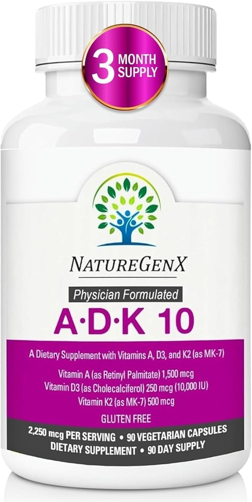 ADK10 – ADK Vitamina Suplemento TENIDO High Potency Vitaminas A, D3 (10.000 UI) & K2 MK-7 para Bone, Heart &amp; Immune Health TEN 90 Tiny Capsules ← 3 Month Supply TENIDO NO GMO, Gluten Free