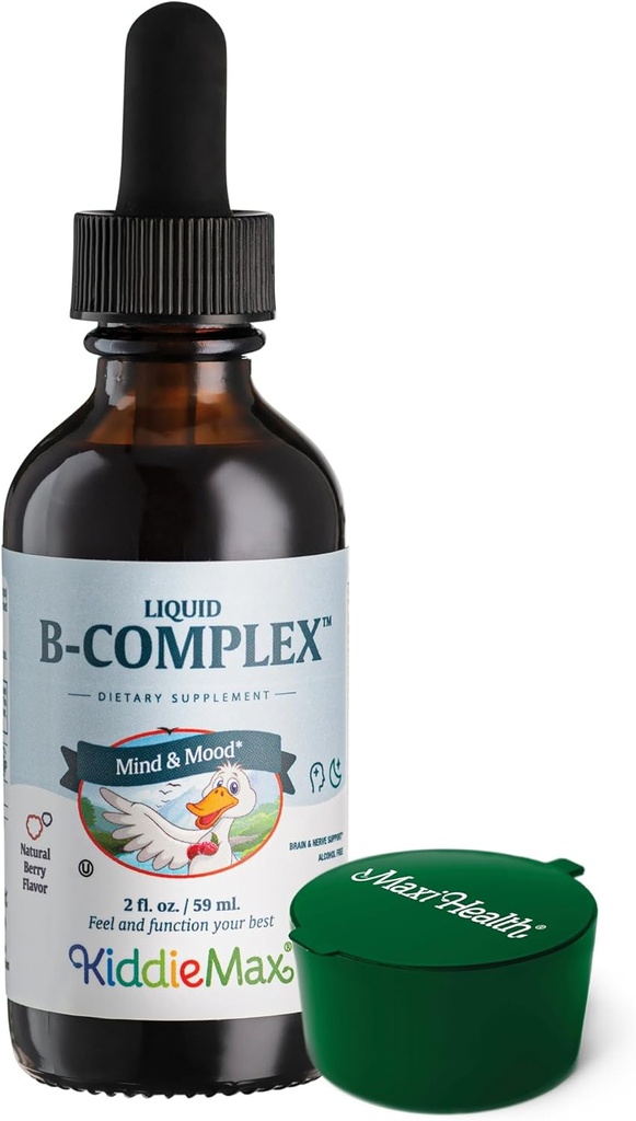 Maxi 건강 라즈베리 액체 비타민 B Complex, 비타민 B12 보충 - B1 B2 B3 B5 B6 Biotin Folic 산을 가진 아이를 위한 이하 언어 B 강하, 에너지 & 두뇌 기능을 위해 - 2 fl. Oz, 녹색 Pillbox