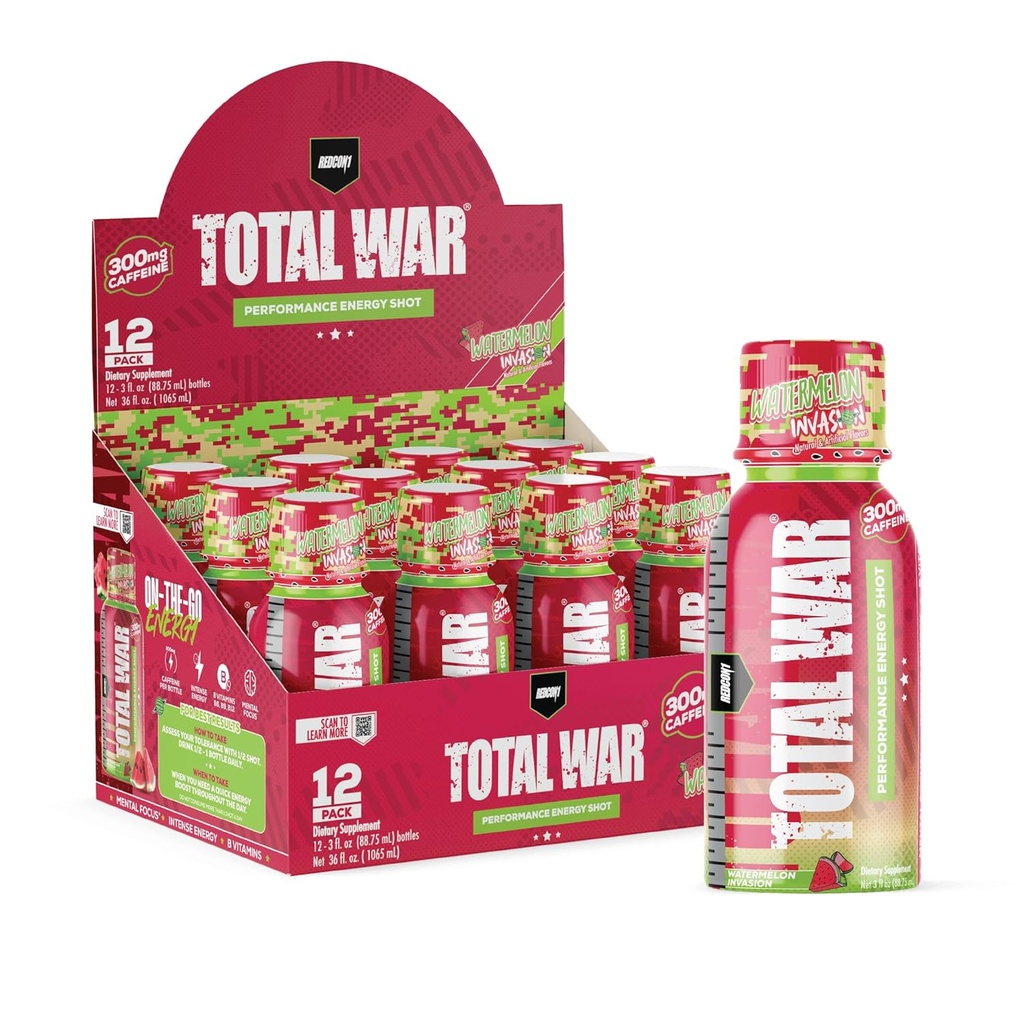 REDCON1 Total War For Trening Energy Shots - 300mg Koffein Shots med B-vitaminer & 0 Sukker - Langvarende Energi Shot for Focus Support - Drivstof din arbeidsdag - Vannmelon Invasion (12 greve)
