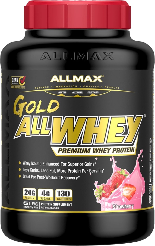 ALLMAX Nutrition - Złoty proszek z białka ALLWHEY, Mieszanka białka serwatki dla siły i mięśni, Odzysk po treningu, Gluten Free, 24 Gramy białka, truskawka, 5 funt