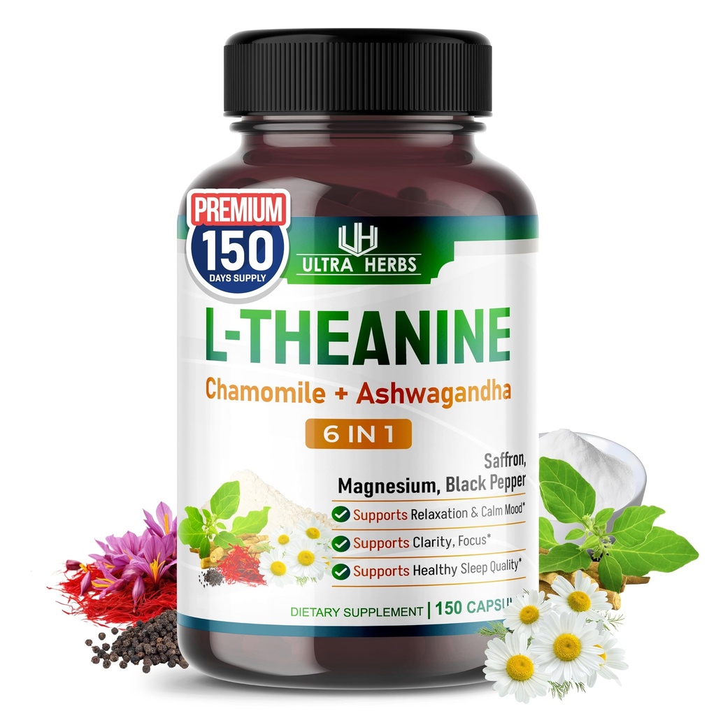 L-Theanine Supplement - 6 in 1 Complex Enriched with Magnesium, Ashwagandha, Saffron, Chamomile - Support Relaxation, Calmness & Sleep Quality | 150 Capsules