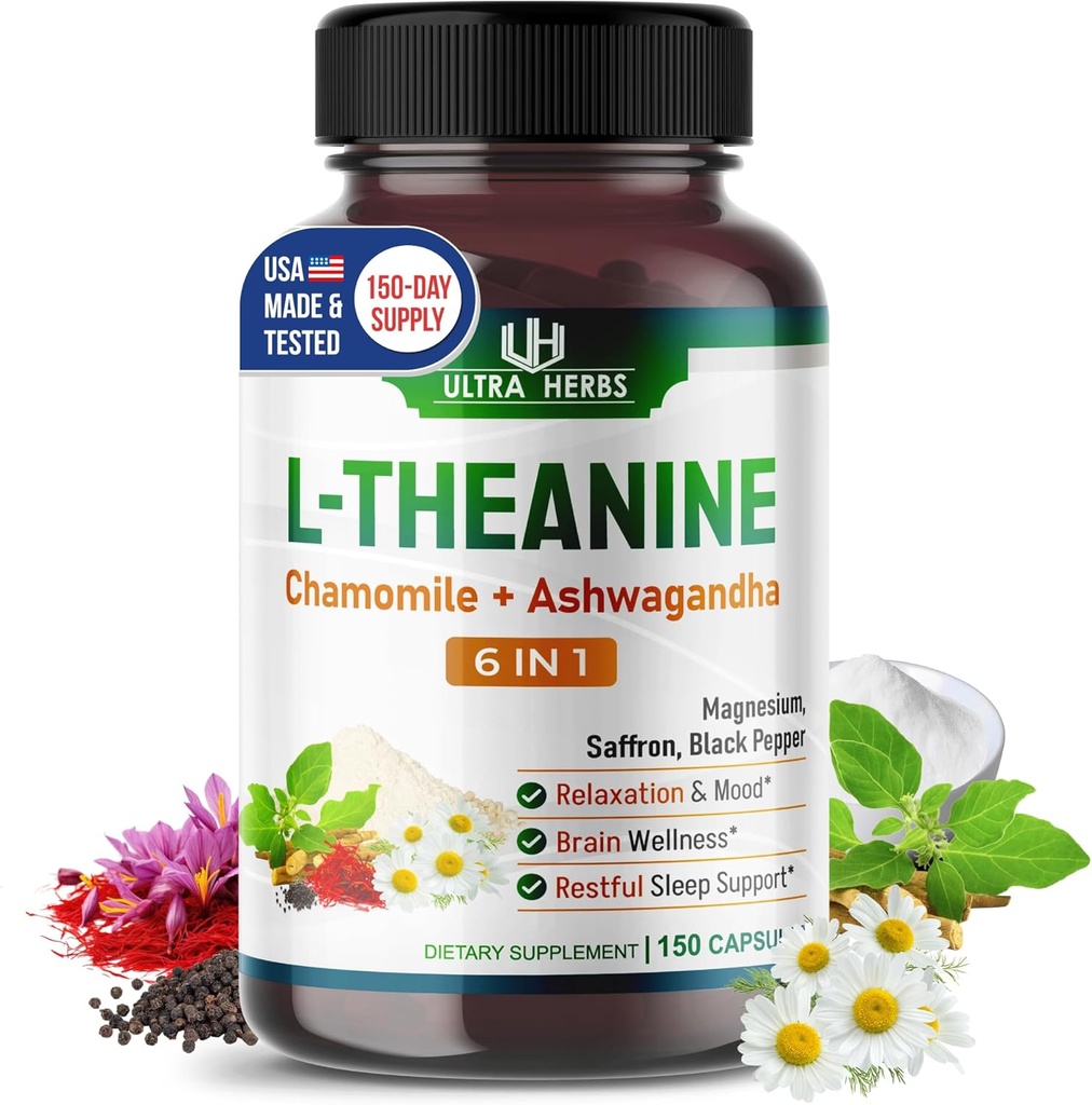 L-Theanine suplementari - 6 en 1 complex Enrico amb Magnesi, Ashwagandha, Saffron, Chamilla - ajuda tranquil·la, tranquil·litat i son qualitat 150 Golis