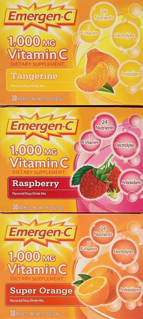 Emergen-C 1, 000 mg vitamin Ctry Snate Mitter, Super Orange/Raspberry/Tropical, 90 Packets, Net Wt. 28.5 oz.