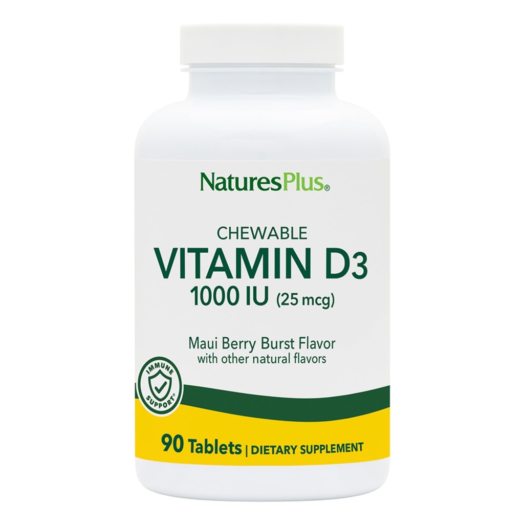 NaturesPlus Vitamin D3 (1000 IU) - 90 Chewable Tablets, Maui Berry Burst Flavor - Vegetarian, Gluten Free - 90 Servings