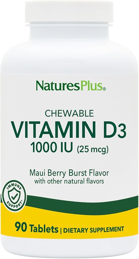 NaturesPlus Vitaminas D3 (1000 TV) - 90 Kramtomosios tabletės, Maui Berry Burst Flavor - Vegetarian, Gluten Free - 90 Paslaugos